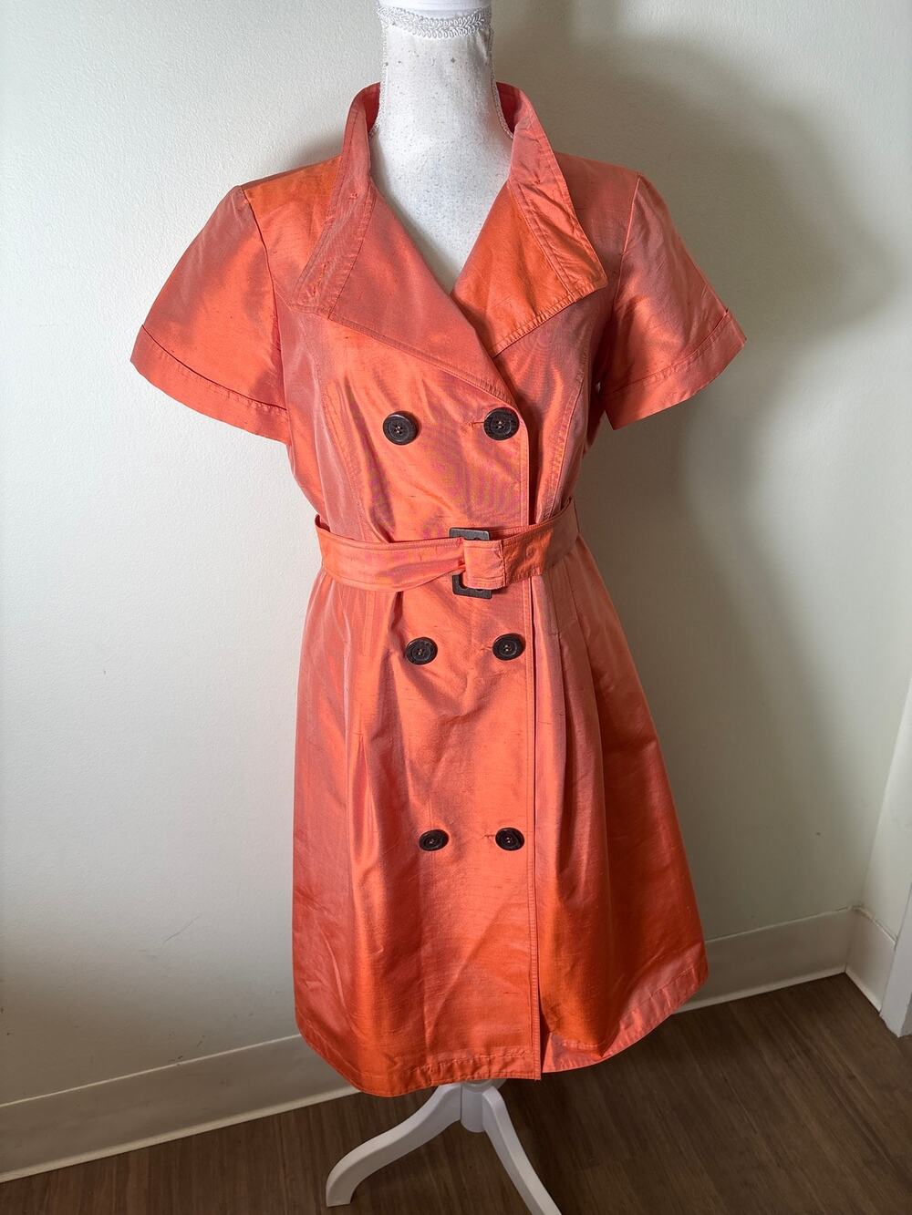 Teri Jon Orange Short Sleeve Silk Trench Coat Dress Sz 6